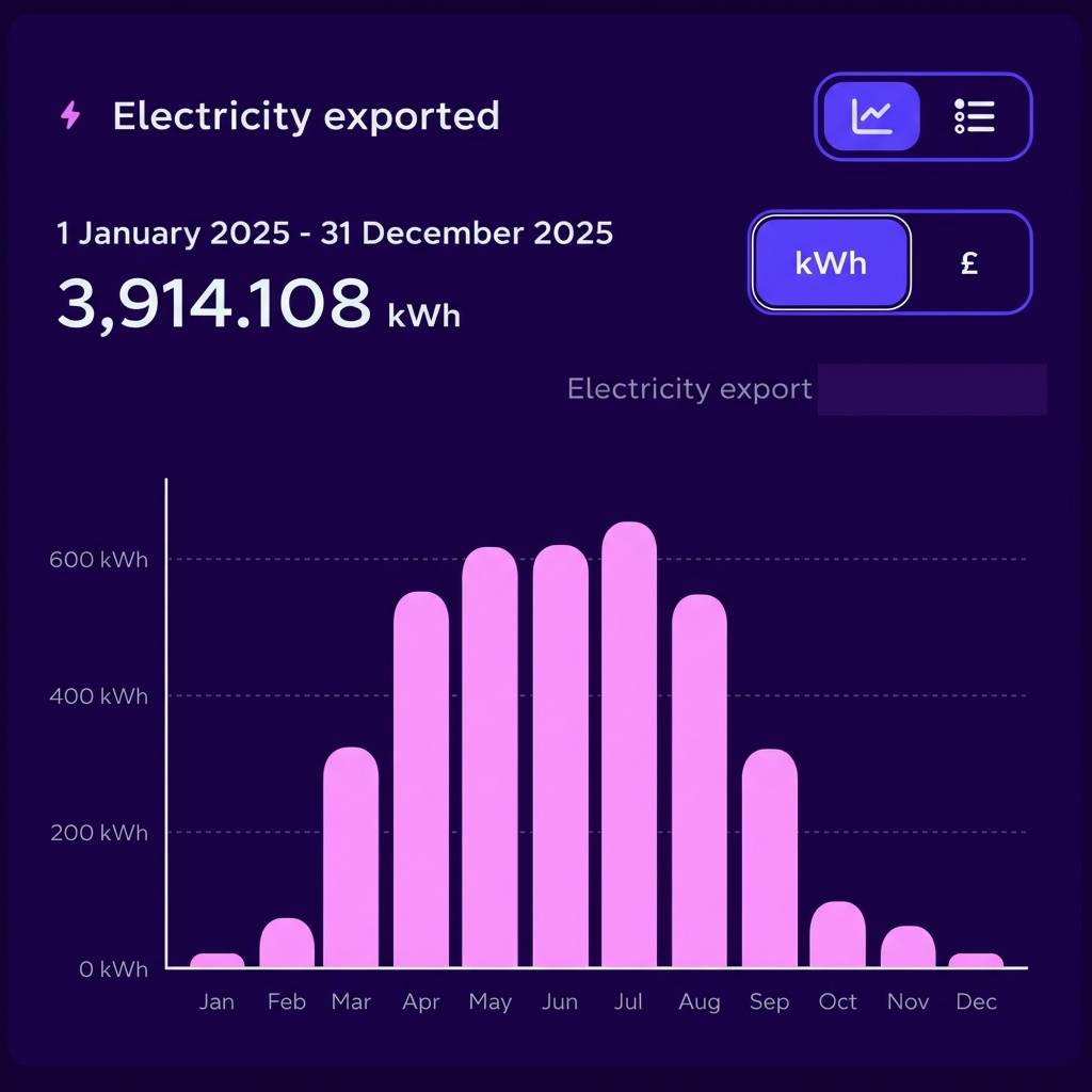 2025 Solar Export showing 3,914 kWh exported - full optimized year