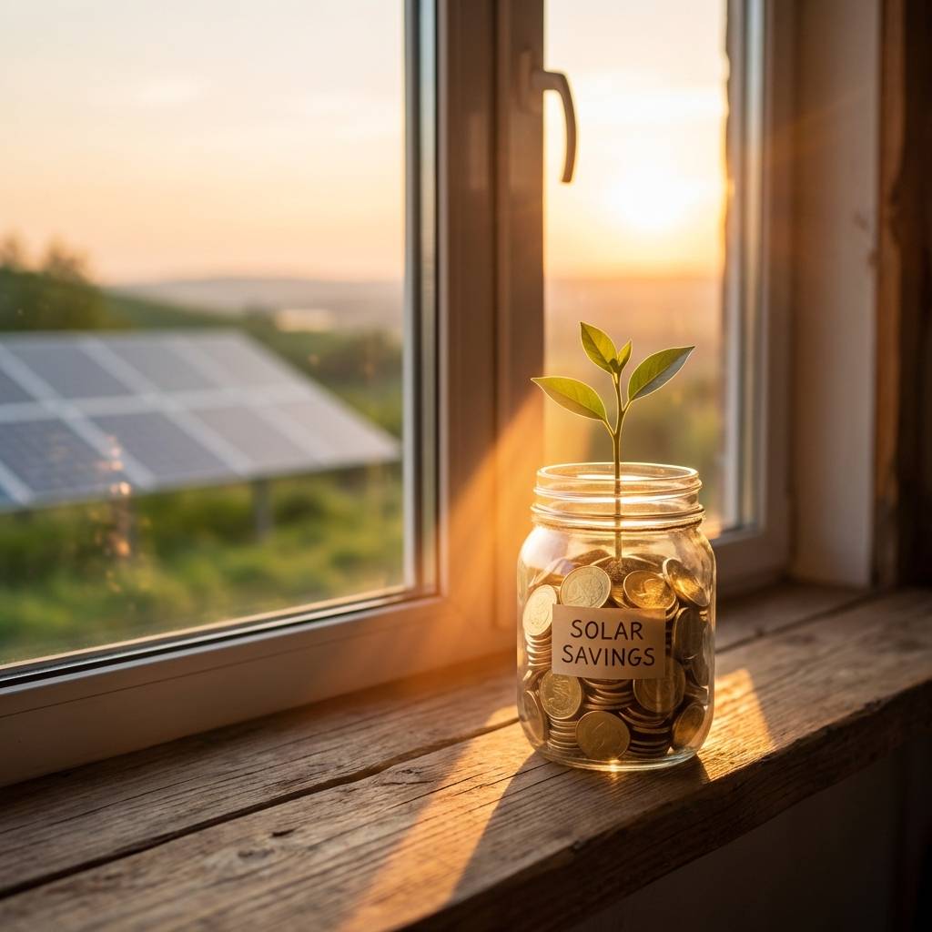 Jar of coins on window sill driven by solar savings