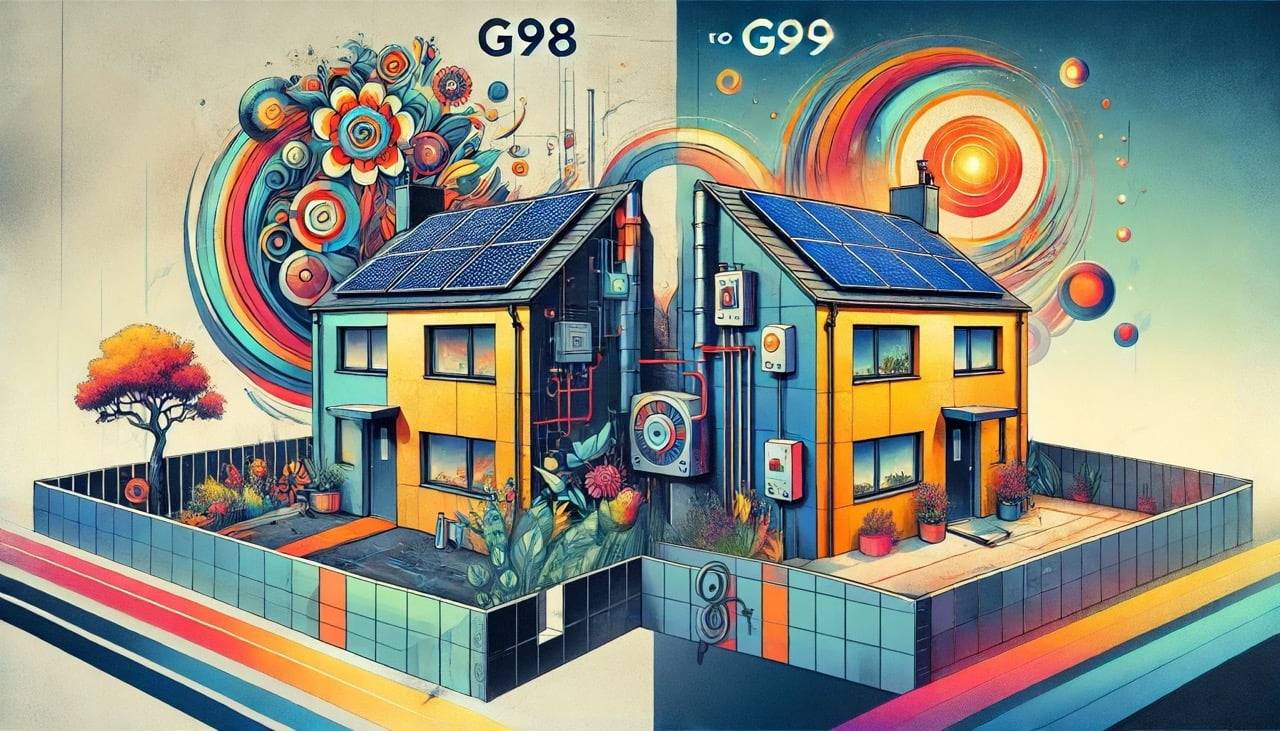 g98tog99 Conceptual and artsy illustration of a modern UK home with solar panels, showing an upgrade process from G98 to G99 with vibrant colors and an expressive background.