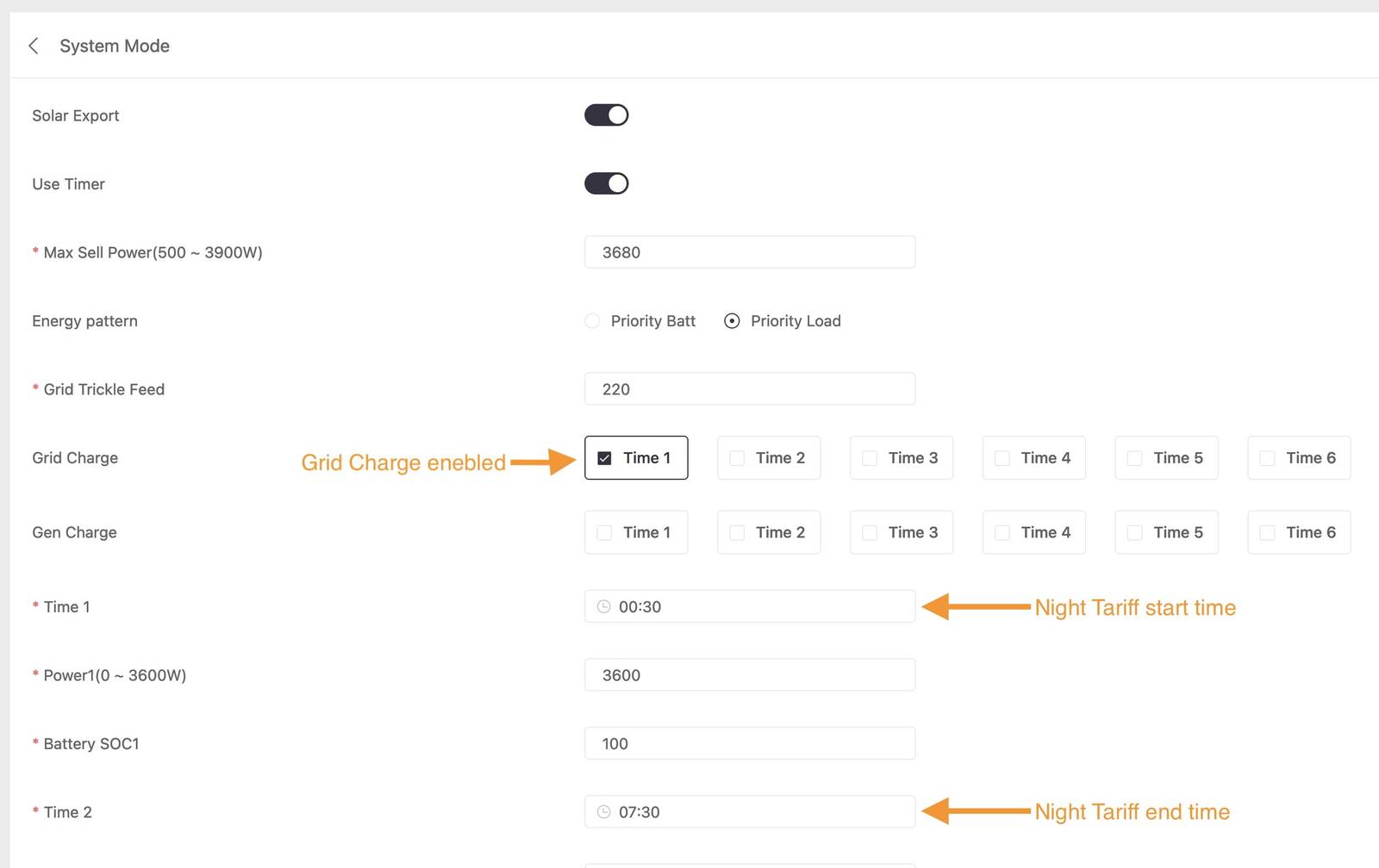 Interface snapshot of an inverter system settings panel showing options for solar export, grid charge scheduling, and setting night tariff times for efficient energy management.