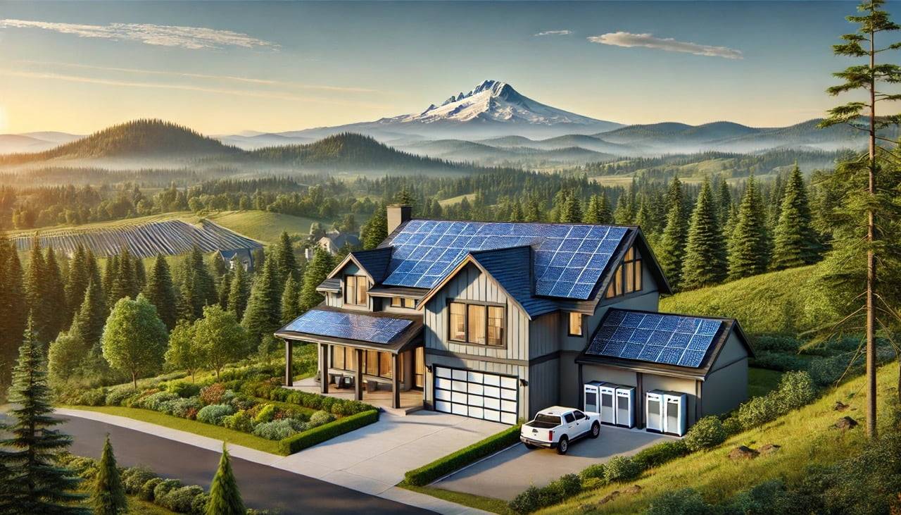 oregon solar incentives Modern home with solar panels on its rooftop, set in a lush, green Oregon landscape with clear skies. A visible battery storage system is on the side of the house. The background features evergreen trees, rolling hills, and a distant view of Mount Hood. The image conveys renewable energy, energy storage, and financial incentives, with clear and professional visuals.