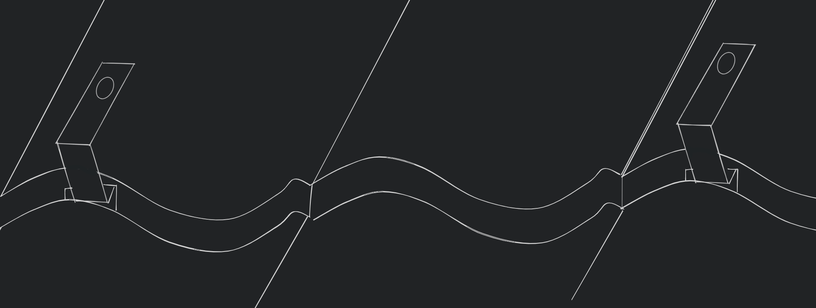Simple diagram of solar panels mounting roof hooks installed on a roof. White on black sketch, shwoing 2 hooks on 2 rows of tiles.