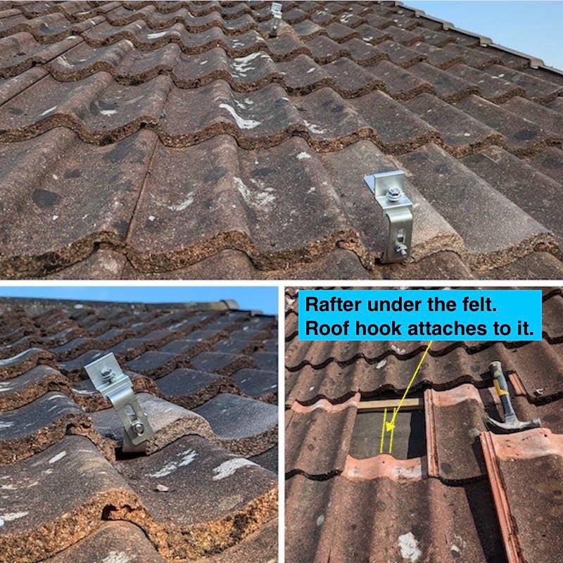 Simple diagram of solar panels mounting roof hook, closeup. A hook for pantiles without adjustments. White on black sketch, shwoing 2 hooks on 2 rows of tiles.