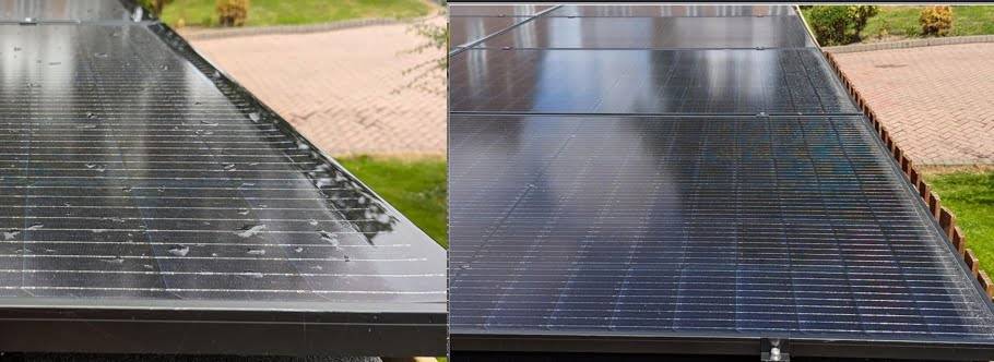 Image of nearly flat solar panels where rain water has collected at the bottom of the panel. Next to it is the same image from later on, when the water has dried and the residues remained on the solar panels.