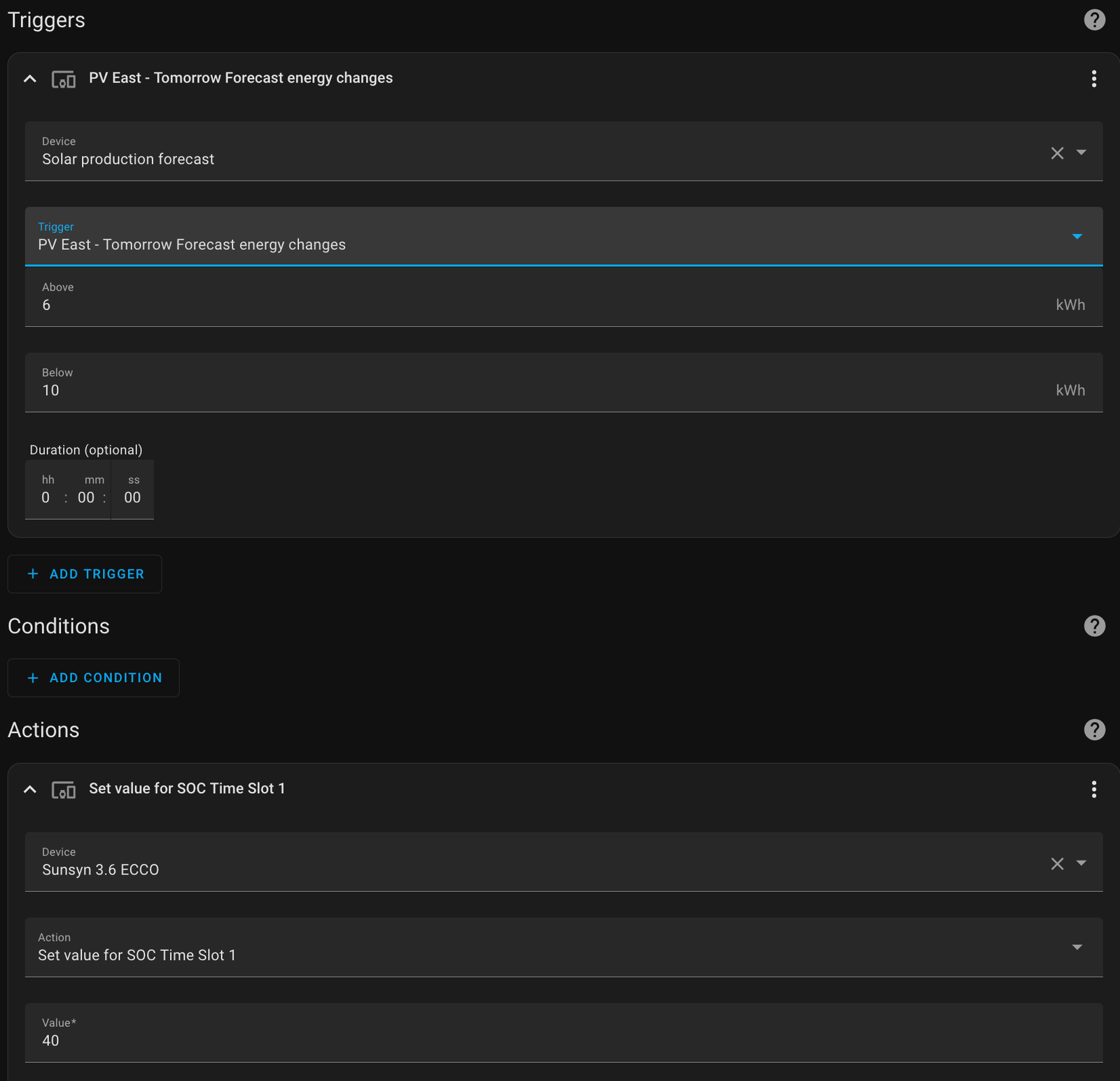 Screenshot of a solar automation interface showing triggers for solar production forecast, with conditions to adjust the State of Charge (SOC) for efficient energy management.