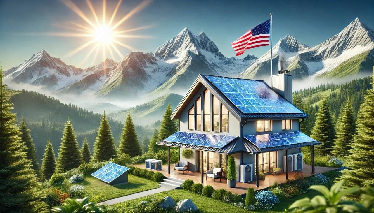 solar incentives in the USA Modern home with solar panels on its rooftop set in a stunning mountainous environment. The home is surrounded by lush greenery, trees, and vibrant plants. An American flag on a flagpole is subtly integrated into the scene, depicting 50 stars and the correct number of stripes. The image conveys renewable energy, environmental benefits, and a clean, green future.