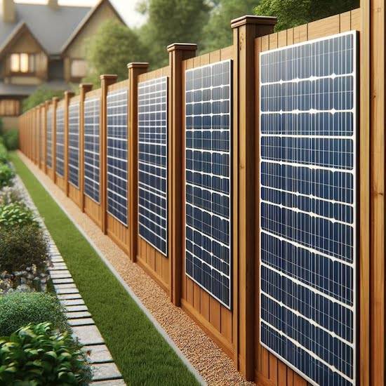 solar panels on a fence art Eco-friendly residential wooden fence integrating uniform solar panels throughout, demonstrating sustainable energy solutions in home design