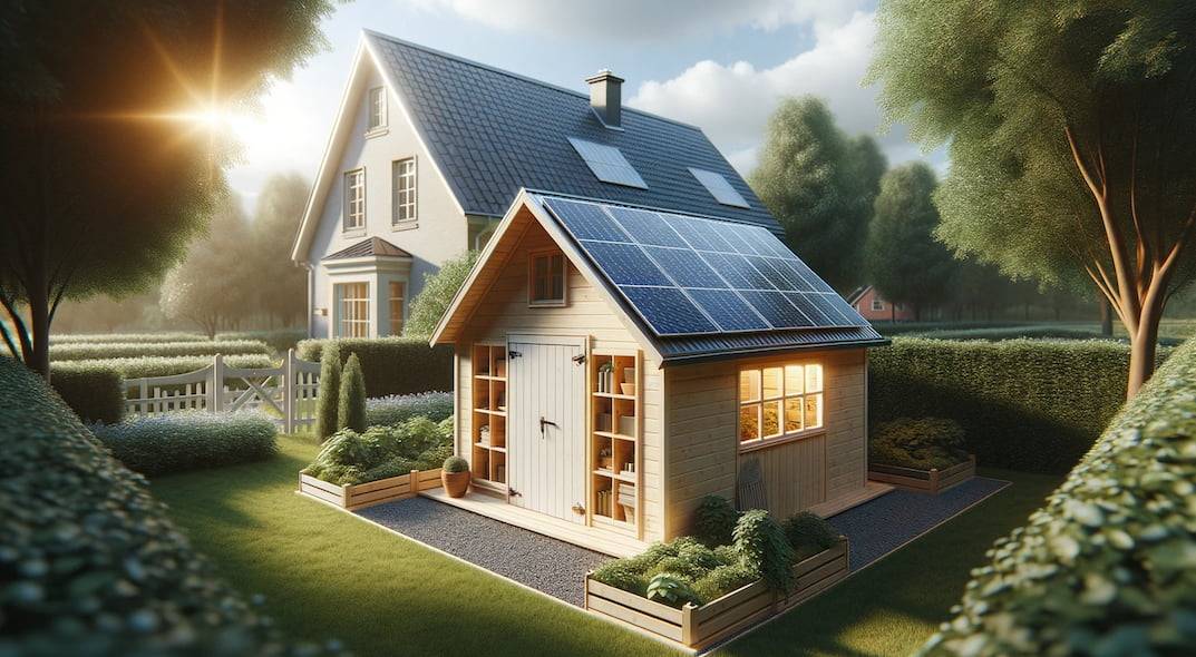 Illustration of a wooden shed with solar panels on the roof in front of a big house.