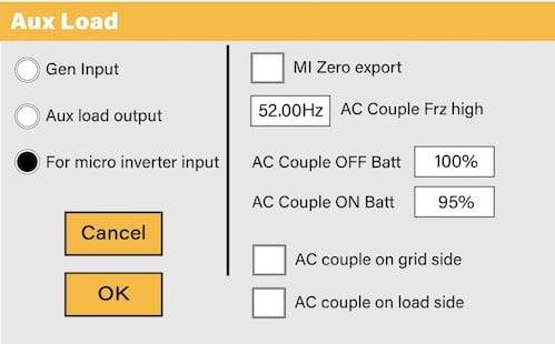 Digital interface for configuring an Aux Load port, highlighting the option to select 'For micro inverter input,' suggesting the inverter's compatibility with microinverter connections. Also features settings for export controls and battery parameters, with 'Cancel' and 'OK' buttons for finalizing adjustments.