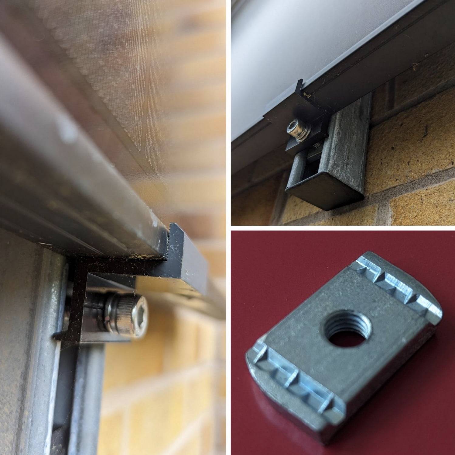 unistrut nut and rails colage Photograph of Unistrut end clamp on a panel installation. The end of the rail is visible. And an close-up of the unistrut nut.