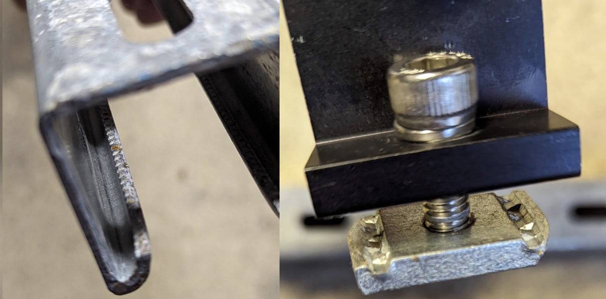 unistrut rail and nut with grooves Photograph of Unistrut rail end clamp alongside each other. The emphasis is on the grooved contact area which prevents vertical slip.