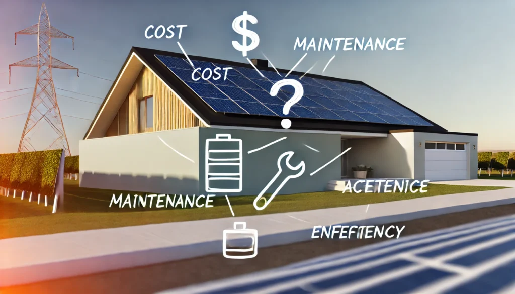 Suburban home with solar panels in partial shadow, representing concerns like cost, maintenance, aesthetics, and efficiency.